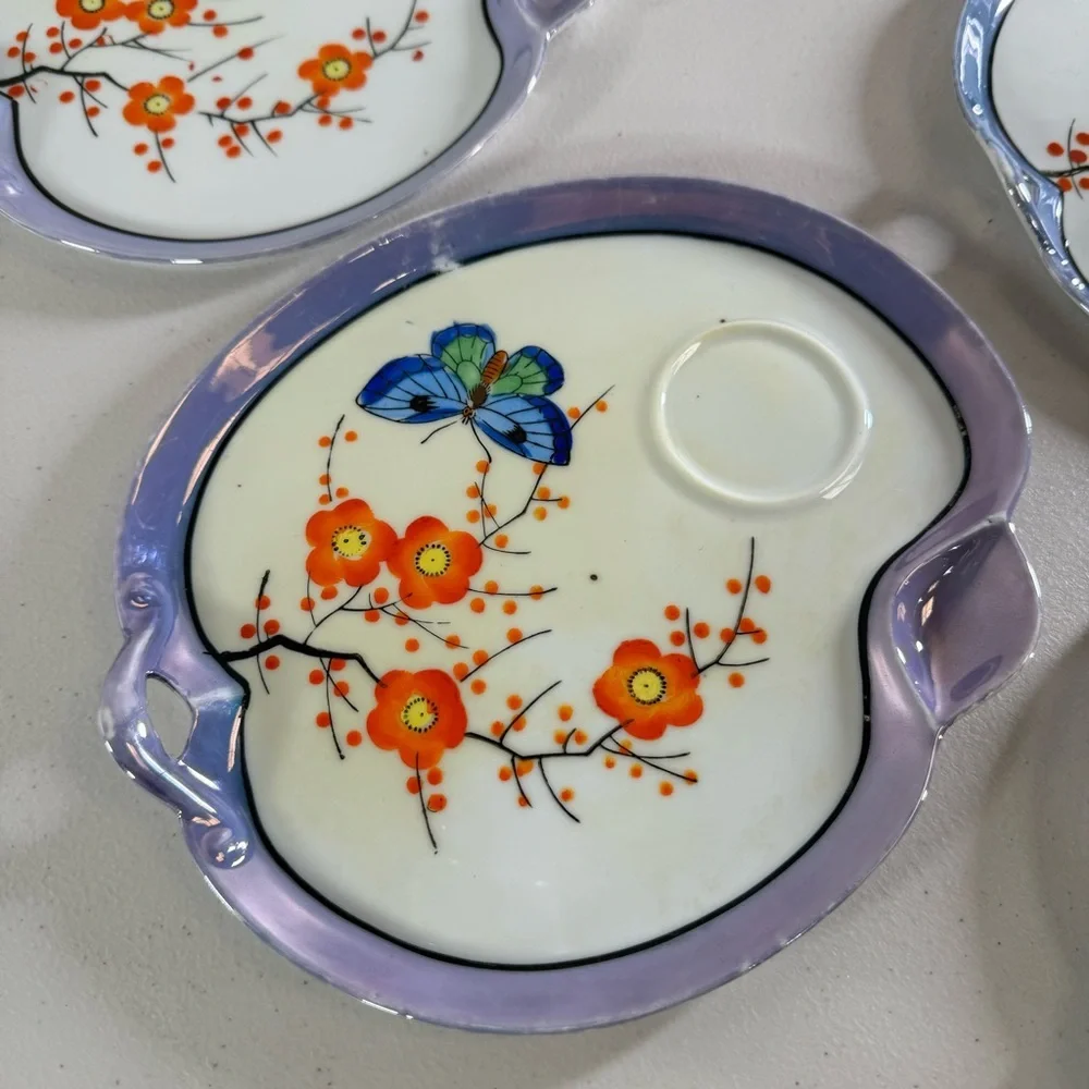 vintage Japanese porcelain plates SEIEI Co handpainted floral butterfly 5pc